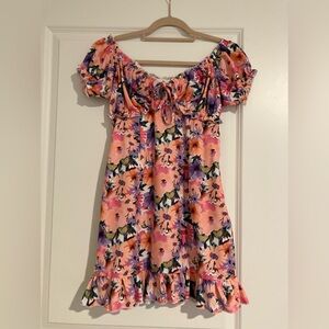 PrettyLittleThing Pink floral satin mini dress. Tie front and side zip. Size 4